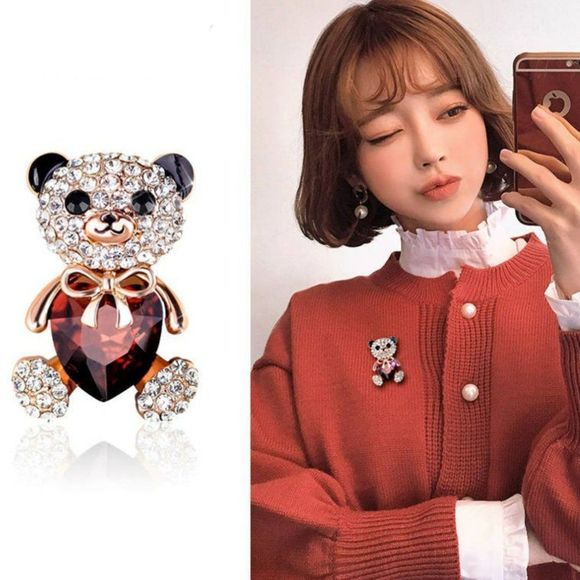 Teddy Bear Brooch | Heart Bowknot Crystal Rhinestones Bear Pin Lucky Cha… - Picture 4 of 4